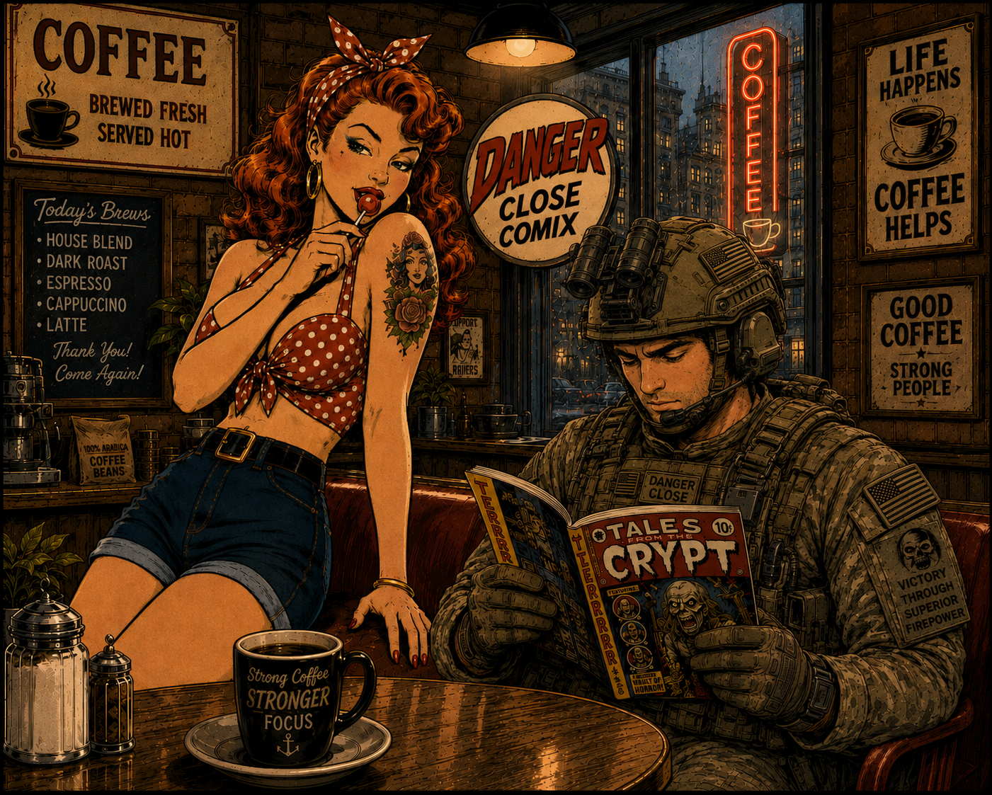 Danger Close Comix coffee shop scene with a pin-up waitress and a soldier reading Tales from the Crypt